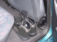 Picture of my hiking boots behind my seat